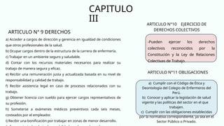 CAPITULO
III
a) Acceder a cargos de dirección y gerencia en igualdad de condiciones
que otros profesionales de la salud.
b) Ocupar cargos dentro de la estructura de la carrera de enfermería.
c) Trabajar en un ambiente seguro y saludable.
d) Contar con los recursos materiales necesarios para realizar su
trabajo de manera segura y eficaz.
e) Recibir una remuneración justa y actualizada basada en su nivel de
responsabilidad y calidad de trabajo.
f) Recibir asistencia legal en caso de procesos relacionados con su
trabajo.
g) Obtener licencia con sueldo para ejercer cargos representativos de
su profesión.
h) Someterse a exámenes médicos preventivos cada seis meses,
costeados por el empleador.
i) Recibir una bonificación por trabajar en zonas de menor desarrollo.
ARTICULO N° 9 DERECHOS
ARTICULO N°10 EJERCICIO DE
DERECHOS COLECTIVOS
ARTICULO N°11 OBLIGACIONES
-Pueden ejercer los derechos
colectivos reconocidos por la
Constitución y la Ley de Relaciones
Colectivas de Trabajo.
a) Cumplir con el Código de Ética y
Deontología del Colegio de Enfermeros del
Perú.
b) Conocer y aplicar la legislación de salud
vigente y las políticas del sector en el que
trabajen.
c) Cumplir con las obligaciones establecidas
por la normativa correspondiente, ya sea en el
Sector Público o Privado.
 