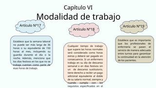 Modalidad de trabajo
Capítulo VI
Establece que la semana laboral
no puede ser más larga de 36
horas o su equivalente de 150
horas al mes, incluyendo su
guardia durante el día o la
noche. Además, menciona que
los días festivos en los que no se
trabaja cuentan como parte de
esas horas de trabajo.
Cualquier tiempo de trabajo
que supere las horas normales
será considerado como horas
extras y deberá ser pagado en
consecuencia. Si un enfermero
trabaja en su día de descanso
semanal o en días festivos sin
un de descanso sustitutorio,
tiene derecho a recibir un pago
adicional equivalente al doble
de su salario normal, siempre y
cuando cumpla con los
requisitos especificados en el
Establece que es importante
que los profesionales de
enfermería se pasen el
servicio de manera adecuada
entre turnos para garantizar
la continuidad en la atención
de los pacientes.
Artículo Nº17
Artículo Nº18
Artículo Nº19
 