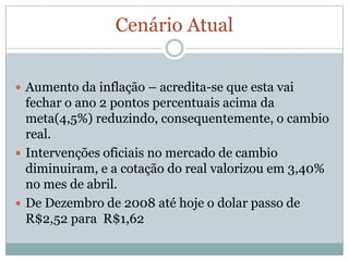 CenárioAtualAumento da inflação – acredita-se que esta vai fechar o ano 2 pontos percentuais acima da meta(4,5%) reduzindo, consequentemente, o cambio real.Intervenções oficiais no mercado de cambio diminuiram, e a cotação do real valorizou em 3,40% no mes de abril.De Dezembro de 2008 até hoje o dolar passo de R$2,52 para  R$1,62