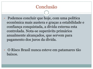  O setorpúbliconão-financeirorespondepor US$ 92,2 bolhões, ouseja 39,8% da dívidaexternabruta. Considerando-se a dívidaexternalíquida do setorpúblico, ouseja, deduzindo-se da dívidabruta as reservasinternacionais do Banco Central do Brasil, a dívidacaipara US$ 63,6 bilhões.Reservas e RecursosEm 2008 o BC informouque o Brasilpossuirecursossuficientesparaquitar a suadívidaexterna. Pois o paísregistroureservassuperiores à suadívidaexterna do setorpúblico e do setorprivado. 