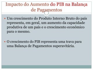 Consequência do aumento da SELIC naBalança de Pagamentos  O aumento da Taxa Selic afeta diretamente a concessão de créditos no Brasil. O consumo é reduzido, a conta de serviços fica mais deficitária, o que afeta negativamente a conta de Transações Correntes.   Jáemtermos da contafinanceira, um aumento da Selic, atraiinvestimentospara o país, o quecontribuipara o superávitnestaconta.