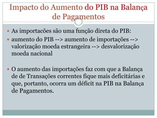 EM SUMA: Consequência do aumento da taxa de jurosnaBalanca de PagamentosObstfeld e Rogoff (2000) sinalizam para uma evidência empírica acerca da relação positiva entre taxas de juros e déficit em conta corrente. De acordo com esses autores, o aumento de 1% no déficit em conta corrente (como proporção do PIB) está associado a um aumento na taxa de juros real de 20 a 30 pontos.Os autores argumentam ainda que este efeito pode ser explicado pela introdução de custos no comércio internacional (transporte, tarifas, barreiras comerciais e outros custos).
