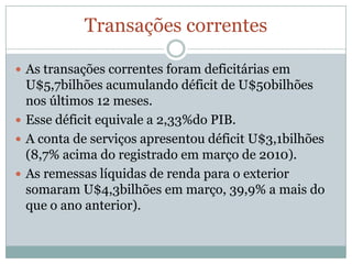 Transações correntesAs transações correntes foram deficitárias em U$5,7bilhões acumulando déficit de U$50bilhões nos últimos 12 meses.Esse déficit equivale a 2,33%do PIB.A conta de serviços apresentou déficit U$3,1bilhões (8,7% acima do registrado em março de 2010).As remessas líquidas de renda para o exterior somaram U$4,3bilhões em março, 39,9% a mais do que o ano anterior).