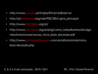 • http://www.google.pt/imghp?hl=pt-br&tab=wi

 • http://pt.wikipedia.org/wiki/P%C3%A1gina_principal

 • http://www.micoleao.org.br/

 • http://www.micoleao.org.br/ptg/como_trabalhamos/divulga
    ndo/livros/conservacao_mico_leao_dourado.pdf

 • http://www.portalsaofrancisco.com.br/alfa/animais/mico-
    leao-dourado.php




E. B. 2 e 3 de Lamaçães - 2010 / 2011     TIC - Prof. Daniel Pimenta
 