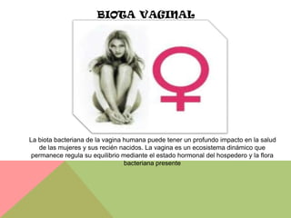 BIOTA VAGINAL




La biota bacteriana de la vagina humana puede tener un profundo impacto en la salud
   de las mujeres y sus recién nacidos. La vagina es un ecosistema dinámico que
 permanece regula su equilibrio mediante el estado hormonal del hospedero y la flora
                                 bacteriana presente
 