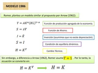 MODELO 1986
Romer, plantea un modelo similar al propuesto por Arrow (1962):
Función de producción agregada de la economía.
Función de Ahorro.
Inversión (asumimos que no existe depreciación).
Condición de equilibrio dinámico.
Cambio Técnico.
Sin embargo, a diferencia a Arrow (1962), Romer asume . Por lo tanto, la
ecuación se convierte en:
 