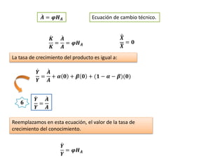 𝑲
𝑲
=
𝑨
𝑨
= 𝝋𝑯 𝑨
𝑿
𝑿
= 𝟎
𝑨 = 𝝋𝑯 𝑨 Ecuación de cambio técnico.
La tasa de crecimiento del producto es igual a:
𝒀
𝒀
=
𝑨
𝑨
+ 𝜶 𝟎 + 𝜷 𝟎 + (𝟏 − 𝜶 − 𝜷)(𝟎)
𝒀
𝒀
=
𝑨
𝑨
6
Reemplazamos en esta ecuación, el valor de la tasa de
crecimiento del conocimiento.
𝒀
𝒀
= 𝝋𝑯 𝑨
 