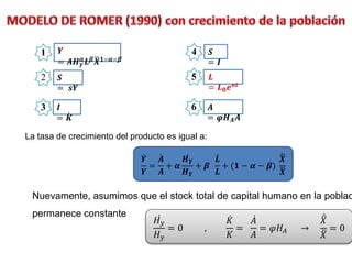 𝒀
= 𝑨𝑯 𝜸
𝜶 𝑳 𝜷 𝑿 𝟏−𝜶−𝜷
1
𝑺
= 𝒔𝒀
2
𝑰
= 𝑲
3
𝑺
= 𝑰
4
5 𝑳
= 𝑳 𝟎 𝒆 𝒏𝒕
La tasa de crecimiento del producto es igual a:
6 𝑨
= 𝝋𝑯 𝑨 𝑨
𝒀
𝒀
=
𝑨
𝑨
+ 𝜶
𝑯 𝒀
𝑯 𝒀
+ 𝜷
𝑳
𝑳
+ (𝟏 − 𝜶 − 𝜷)
𝑿
𝑿
Nuevamente, asumimos que el stock total de capital humano en la poblac
permanece constante
𝐻 𝑦
𝐻 𝑦
= 0 ,
𝐾
𝐾
=
𝐴
𝐴
= 𝜑𝐻𝐴 →
𝑋
𝑋
= 0
 