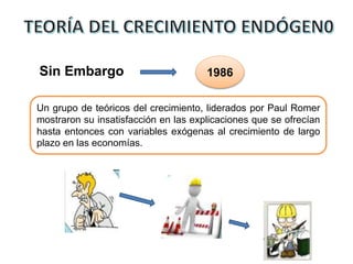 Un grupo de teóricos del crecimiento, liderados por Paul Romer
mostraron su insatisfacción en las explicaciones que se ofrecían
hasta entonces con variables exógenas al crecimiento de largo
plazo en las economías.
Sin Embargo 1986
 