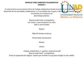 MENSAJE FORO AMBIENTE COLABORATIVO
UNIDAD 1
En este entorno se encuentra el foro de Trabajo colaborativo donde encontrarán dos temas para el
desarrollo de las actividades colaborativas 1 y 2 no olviden leer la guía y rúbrica de actividades que se
encuentran en el entorno de
Aprendizaje práctico.
Buenas tarde tutor y compañeros
Los invitos a que escojamos los roles
Líder o comunicador
Relator
Vigía de tiempo escojo yo
Dinamizador de procesos
Relator
Utilero
trabajo_colaborativo_n._gestion_empresarial.pdf
Buenas tarde tutor y compañeros
Envió mi propuesta de negocio espero que manden la suya para escoger la mas viables
 