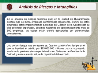 9        Análisis de Riesgos e Intangibles

En el análisis de riesgos tenemos que: en la ciudad de Bucaramanga
existen más de 3000, empresas conformadas legalmente, el 20% de estas
empresas están implementando Sistemas de Gestión de la Calidad por su
alto potencial exportador, estamos hablando de aproximadamente más de
600 empresas, las cuales están siendo asesoradas por profesionales
competentes.



Uno de los riesgos que se asume es: Que en cuatro años tiempo en el
que se liquidará el crédito por $75.000.000 millones crezca muy rápido
la oferta de profesionales especializados en Sistemas de Gestión de la
Calidad, y este aumento sature la capacidad del mercado.
 