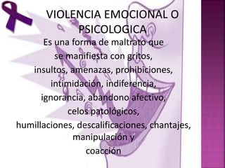 Es una forma de maltrato que
se manifiesta con gritos,
insultos, amenazas, prohibiciones,
intimidación, indiferencia,
ignorancia, abandono afectivo,
celos patológicos,
humillaciones, descalificaciones, chantajes,
manipulación y
coacción
 