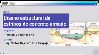 • Puentes y obras de arte
• Ing. Nestor Alejandro Cruz Calapuja
Diseño estructural de
estribos de concreto armado
Asignatura
Docente
Sesión
 