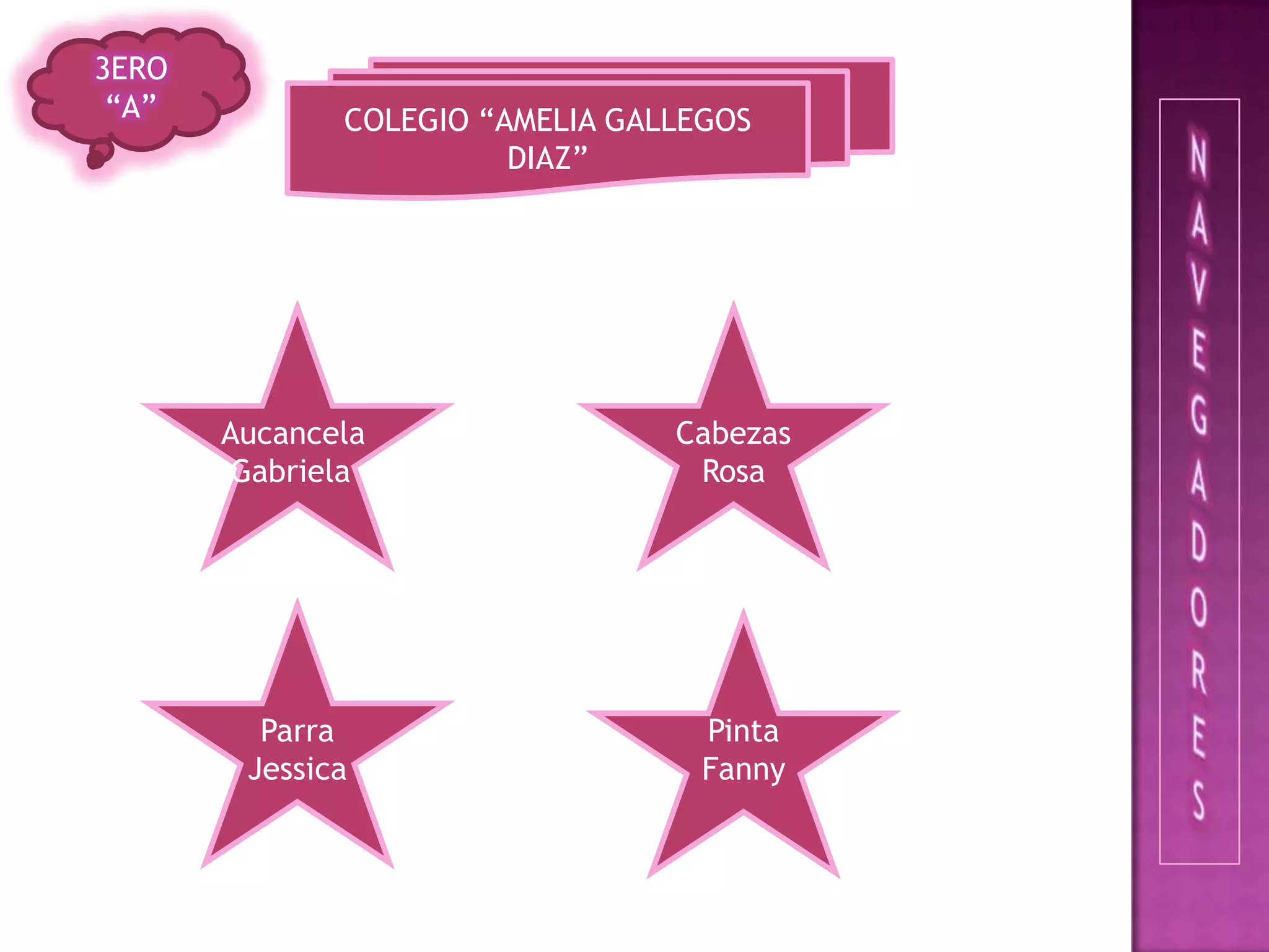 3ERO “A” COLEGIO “AMELIA GALLEGOS DIAZ”NAVEGADORESAucancela GabrielaCabezas RosaParra JessicaPintaFanny