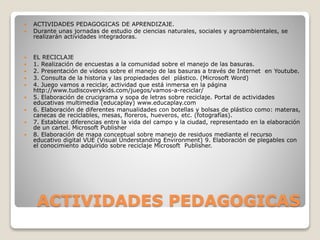 ACTIVIDADES PEDAGOGICAS
 ACTIVIDADES PEDAGOGICAS DE APRENDIZAJE.
 Durante unas jornadas de estudio de ciencias naturales, sociales y agroambientales, se
realizarán actividades integradoras.
 EL RECICLAJE
 1. Realización de encuestas a la comunidad sobre el manejo de las basuras.
 2. Presentación de videos sobre el manejo de las basuras a través de Internet en Youtube.
 3. Consulta de la historia y las propiedades del plástico. (Microsoft Word)
 4. Juego vamos a reciclar, actividad que está inmersa en la página
http://www.tudiscoverykids.com/juegos/vamos-a-reciclar/
 5. Elaboración de crucigrama y sopa de letras sobre reciclaje. Portal de actividades
educativas multimedia (educaplay) www.educaplay.com
 6. Elaboración de diferentes manualidades con botellas y bolsas de plástico como: materas,
canecas de reciclables, mesas, floreros, hueveros, etc. (fotografías).
 7. Establece diferencias entre la vida del campo y la ciudad, representado en la elaboración
de un cartel. Microsoft Publisher
 8. Elaboración de mapa conceptual sobre manejo de residuos mediante el recurso
educativo digital VUE (Visual Understanding Environment) 9. Elaboración de plegables con
el conocimiento adquirido sobre reciclaje Microsoft Publisher.
 