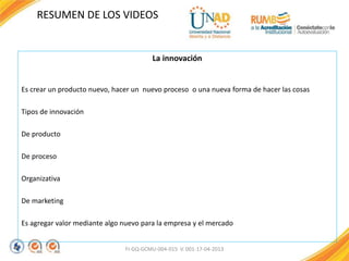 La innovación
Es crear un producto nuevo, hacer un nuevo proceso o una nueva forma de hacer las cosas
Tipos de innovación
De producto
De proceso
Organizativa
De marketing
Es agregar valor mediante algo nuevo para la empresa y el mercado
FI-GQ-GCMU-004-015 V. 001-17-04-2013
RESUMEN DE LOS VIDEOS
 