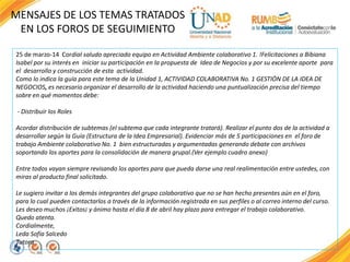 25 de marzo-14 Cordial saludo apreciado equipo en Actividad Ambiente colaborativo 1. !Felicitaciones a Bibiana
Isabel por su interés en iniciar su participación en la propuesta de Idea de Negocios y por su excelente aporte para
el desarrollo y construcción de esta actividad.
Como lo indica la guía para este tema de la Unidad 1, ACTIVIDAD COLABORATIVA No. 1 GESTIÓN DE LA IDEA DE
NEGOCIOS, es necesario organizar el desarrollo de la actividad haciendo una puntualización precisa del tiempo
sobre en qué momentos debe:
- Distribuir los Roles
Acordar distribución de subtemas (el subtema que cada integrante tratará). Realizar el punto dos de la actividad a
desarrollar según la Guía (Estructura de la Idea Empresarial). Evidenciar más de 5 participaciones en el foro de
trabajo Ambiente colaborativo No. 1 bien estructuradas y argumentadas generando debate con archivos
soportando los aportes para la consolidación de manera grupal.(Ver ejemplo cuadro anexo)
Entre todos vayan siempre revisando los aportes para que pueda darse una real realimentación entre ustedes, con
miras al producto final solicitado.
Le sugiero invitar a los demás integrantes del grupo colaborativo que no se han hecho presentes aún en el foro,
para lo cual pueden contactarlos a través de la información registrada en sus perfiles o al correo interno del curso.
Les deseo muchos ¡Exitos¡ y ánimo hasta el día 8 de abril hay plazo para entregar el trabajo colaborativo.
Quedo atenta.
Cordialmente,
Leda Sofía Salcedo
Tutora
MENSAJES DE LOS TEMAS TRATADOS
EN LOS FOROS DE SEGUIMIENTO
 