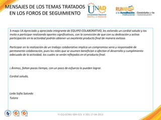 3-mayo-14 Apreciado y apreciada integrante de EQUIPO COLABORATIVO, les extiendo un cordial saludo y los
invito a participar realizando aportes significativos, con la convicción de que con su dedicación y activa
participación en la actividad podrán obtener un excelente producto final de manera exitosa.
Participar en la realización de un trabajo colaborativo implica un compromiso serio y responsable de
permanente colaboración, pues los roles que se asumen benefician o afectan el desarrollo y cumplimiento
adecuado de la actividad, los cuales se verán reflejados en el producto final.
¡ Ánimo¡, faltan pocas tiempo, con un poco de esfuerzo lo pueden lograr.
Cordial saludo,
Leda Sofía Salcedo
Tutora
FI-GQ-GCMU-004-015 V. 001-17-04-2013
MENSAJES DE LOS TEMAS TRATADOS
EN LOS FOROS DE SEGUIMIENTO
 
