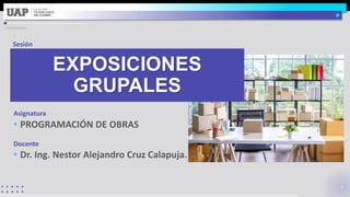 Asignatura
Docente
Sesión
• PROGRAMACIÓN DE OBRAS
• Dr. Ing. Nestor Alejandro Cruz Calapuja.
EXPOSICIONES
GRUPALES
 