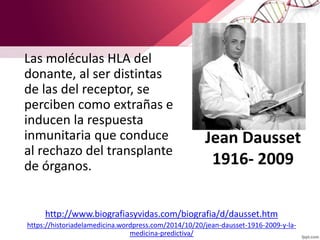 Jean Dausset
1916- 2009
Las moléculas HLA del
donante, al ser distintas
de las del receptor, se
perciben como extrañas e
inducen la respuesta
inmunitaria que conduce
al rechazo del transplante
de órganos.
http://www.biografiasyvidas.com/biografia/d/dausset.htm
https://historiadelamedicina.wordpress.com/2014/10/20/jean-dausset-1916-2009-y-la-
medicina-predictiva/
 