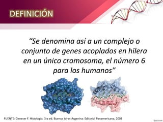 DEFINICIÓN
“Se denomina así a un complejo o
conjunto de genes acoplados en hilera
en un único cromosoma, el número 6
para los humanos”
FUENTE: Geneser F. Histología. 3ra ed. Buenos Aires-Argenina: Editorial Panamericana; 2003
 