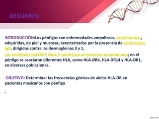 RESUMEN
INTRODUCCIÓN:Los pénfigos son enfermedades ampollosas, autoinmunes,
adquiridas, de piel y mucosas, caracterizadas por la presencia de anticuerpos
IgG. dirigidos contra las desmogleínas 3 y 1.
Las moléculas del MHC clase II participan en procesos autoinmunes; en el
pénfigo se asociaron diferentes HLA, como HLA-DR4, HLA-DR14 y HLA-DR1,
en diversas poblaciones.
OBJETIVO: Determinar las frecuencias génicas de alelos HLA-DR en
pacientes mexicanos con pénfigo.
.
 