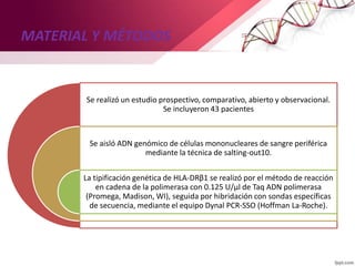 MATERIAL Y MÉTODOS
Se realizó un estudio prospectivo, comparativo, abierto y observacional.
Se incluyeron 43 pacientes
Se aisló ADN genómico de células mononucleares de sangre periférica
mediante la técnica de salting-out10.
La tipificación genética de HLA-DRβ1 se realizó por el método de reacción
en cadena de la polimerasa con 0.125 U/µl de Taq ADN polimerasa
(Promega, Madison, WI), seguida por hibridación con sondas específicas
de secuencia, mediante el equipo Dynal PCR-SSO (Hoffman La-Roche).
 