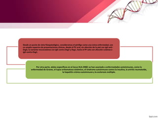 Desde un punto de vista fisiopatológico, consideramos el pénfigo como una única enfermedad, con
un amplio espectro de presentaciones clínicas, desde el PV oral, sin afección de la piel con IgG anti-
Dsg3, la variante mucocutánea con IgG contra Dsg3 y Dsg1, hasta el PF solo con afección cutánea e
IgG contra Dsg1.
Por otra parte, alelos específicos en el locus HLA-DRβ1 se han asociado a enfermedades autoinmunes, como la
enfermedad de Graves, el lupus eritematoso sistémico, el síndrome autoinmune contra la insulina, la artritis reumatoide,
la hepatitis crónica autoinmune y la esclerosis múltiple.
 