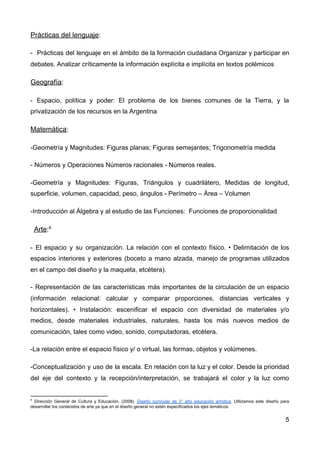 Prácticas del lenguaje​:
- Prácticas del lenguaje en el ámbito de la formación ciudadana Organizar y participar en
debates. Analizar críticamente la información explícita e implícita en textos polémicos
Geografía​:
- Espacio, política y poder: El problema de los bienes comunes de la Tierra, y la
privatización de los recursos en la Argentina
Matemática​:
-Geometría y Magnitudes: Figuras planas; Figuras semejantes; Trigonometría medida
- Números y Operaciones Números racionales - Números reales.
-Geometría y Magnitudes: Figuras, Triángulos y cuadrilátero, Medidas de longitud,
superficie, volumen, capacidad, peso, ángulos - Perímetro – Área – Volumen
-Introducción al Álgebra y al estudio de las Funciones: Funciones de proporcionalidad
​Arte​:​8
- El espacio y su organización. La relación con el contexto físico. • Delimitación de los
espacios interiores y exteriores (boceto a mano alzada, manejo de programas utilizados
en el campo del diseño y la maqueta, etcétera).
- Representación de las características más importantes de la circulación de un espacio
(información relacional: calcular y comparar proporciones, distancias verticales y
horizontales). • Instalación: escenificar el espacio con diversidad de materiales y/o
medios, desde materiales industriales, naturales, hasta los más nuevos medios de
comunicación, tales como video, sonido, computadoras, etcétera.
-La relación entre el espacio físico y/ o virtual, las formas, objetos y volúmenes.
-Conceptualización y uso de la escala. En relación con la luz y el color. Desde la prioridad
del eje del contexto y la recepción/interpretación, se trabajará el color y la luz como
8
Dirección General de Cultura y Educación. (2008). ​Diseño curricular de 3° año educación artística​. Utilizamos este diseño para
desarrollar los contenidos de arte ya que en el diseño general no están especificados los ejes temáticos.
5
 