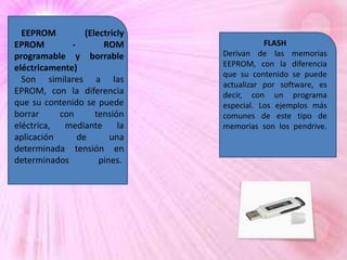 EEPROM
(Electricly
EPROM
ROM
programable y borrable
eléctricamente)
Son similares a las
EPROM, con la diferencia
que su contenido se puede
borrar
con
tensión
eléctrica,
mediante
la
aplicación
de
una
determinada tensión en
determinados
pines.

FLASH
Derivan de las memorias
EEPROM, con la diferencia
que su contenido se puede
actualizar por software, es
decir, con un programa
especial. Los ejemplos más
comunes de este tipo de
memorias son los pendrive.

 
