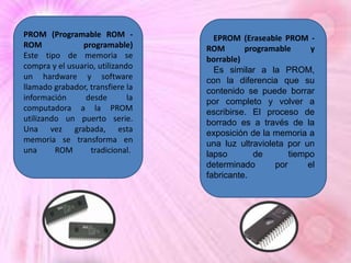 PROM (Programable ROM ROM
programable)
Este tipo de memoria se
compra y el usuario, utilizando
un hardware y software
llamado grabador, transfiere la
información
desde
la
computadora a la PROM
utilizando un puerto serie.
Una vez grabada, esta
memoria se transforma en
una
ROM
tradicional.

EPROM (Eraseable PROM ROM
programable
y
borrable)
Es similar a la PROM,
con la diferencia que su
contenido se puede borrar
por completo y volver a
escribirse. El proceso de
borrado es a través de la
exposición de la memoria a
una luz ultravioleta por un
lapso
de
tiempo
determinado
por
el
fabricante.

 