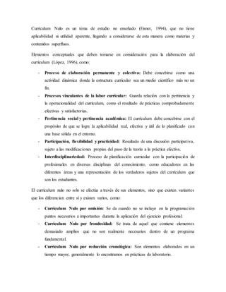 Currículum Nulo es un tema de estudio no enseñado (Eisner, 1994), que no tiene
aplicabilidad ni utilidad aparente, llegando a considerarse de esta manera como materias y
contenidos superfluos.
Elementos conceptuales que deben tomarse en consideración para la elaboración del
currículum (López, 1996), como:
- Proceso de elaboración permanente y colectiva: Debe concebirse como una
actividad dinámica donde la estructura curricular sea un medio científico más no un
fin.
- Procesos vinculantes de la labor curricular: Guarda relación con la pertinencia y
la operacionalidad del currículum, como el resultado de prácticas comprobadamente
efectivas y satisfactorias.
- Pertinencia social y pertinencia académica: El currículum debe concebirse con el
propósito de que se logre la aplicabilidad real, efectiva y útil de lo planificado con
una base sólida en el entorno.
- Participación, flexibilidad y practicidad: Resultado de una discusión participativa,
sujeto a las modificaciones propias del paso de la teoría a la práctica efectiva.
- Interdisciplinariedad: Proceso de planificación curricular con la participación de
profesionales en diversas disciplinas del conocimiento, como educadores en las
diferentes áreas y una representación de los verdaderos sujetos del currículum que
son los estudiantes.
El currículum nulo no solo se efectúa a través de sus elementos, sino que existen variantes
que los diferencian entre sí y existen varios, como:
- Currículum Nulo por omisión: Se da cuando no se incluye en la programación
puntos necesarios e importantes durante la aplicación del ejercicio profesional.
- Currículum Nulo por frondosidad: Se trata de aquel que contiene elementos
demasiado amplios que no son realmente necesarios dentro de un programa
fundamental.
- Currículum Nulo por reducción cronológica: Son elementos elaborados en un
tiempo mayor, generalmente lo encontramos en prácticas de laboratorio.
 