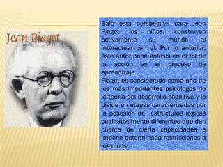 Bajo esta perspectiva para Jean
Piaget los niños, construyen
activamente      su      mundo       al
interactuar con el. Por lo anterior,
este autor pone énfasis en el rol de
la acción en el proceso de
aprendizaje.
Piaget es considerado como uno de
los más importantes psicólogos de
la teoría del desarrollo cognitivo y lo
divide en etapas caracterizadas por
la posesión de estructuras lógicas
cualitativamente diferentes que dan
cuenta de cierta capacidades e
impone determinada restricciones a
los niños
 