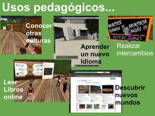 Usos pedagógicos...
         Conocer
         otras
         culturas
                    Aprender   Realizar
                    un nuevo   intercambios
                    Idioma


Leer
Libros                         Descubrir
online                         nuevos
                               mundos
 
