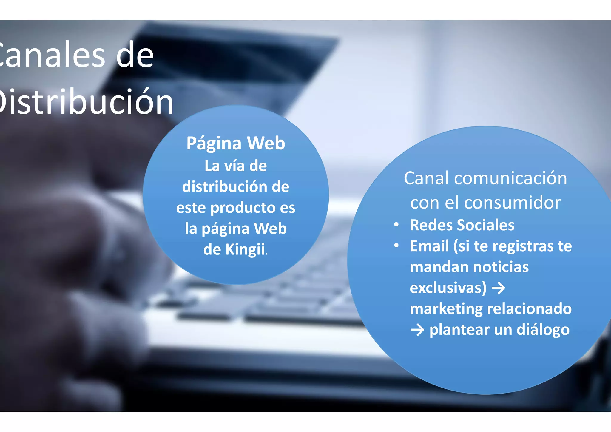 Canales de
Distribución
Página WebPágina Web
La vía de
distribución de
este producto eseste producto es
la página Web
de Kingii.
Canal comunicaciónCanal comunicación
con el consumidorcon el consumidor
• Redes Sociales• Redes Sociales
• Email (si te registras te
mandan noticias
exclusivas) →
marketing relacionado
→ plantear un diálogo
 