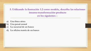 5. Utilizando la ilustración 1.2 como modelo, describa las relaciones
insumo-transformación-producto
en los siguientes :
a) Una línea aérea
b) Una penal estatal
c) La sucursal de un banco
d) La oficina matriz de un banco
 