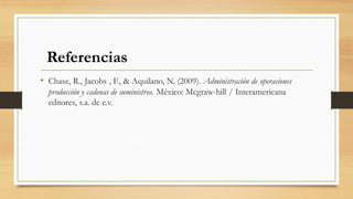 • Chase, R., Jacobs , F., & Aquilano, N. (2009). Administración de operaciones
producción y cadenas de suministros. México: Mcgraw-hill / Interamericana
editores, s.a. de c.v.
Referencias
 