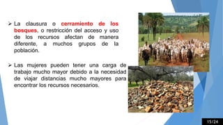  Las mujeres pueden tener una carga de
trabajo mucho mayor debido a la necesidad
de viajar distancias mucho mayores para
encontrar los recursos necesarios.
 La clausura o cerramiento de los
bosques, o restricción del acceso y uso
de los recursos afectan de manera
diferente, a muchos grupos de la
población.
15/24
 