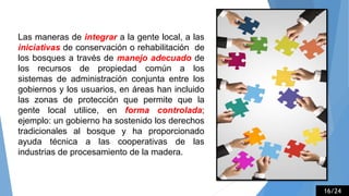 Las maneras de integrar a la gente local, a las
iniciativas de conservación o rehabilitación de
los bosques a través de manejo adecuado de
los recursos de propiedad común a los
sistemas de administración conjunta entre los
gobiernos y los usuarios, en áreas han incluido
las zonas de protección que permite que la
gente local utilice, en forma controlada;
ejemplo: un gobierno ha sostenido los derechos
tradicionales al bosque y ha proporcionado
ayuda técnica a las cooperativas de las
industrias de procesamiento de la madera.
16/24
 