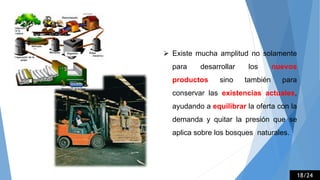  Existe mucha amplitud no solamente
para desarrollar los nuevos
productos sino también para
conservar las existencias actuales,
ayudando a equilibrar la oferta con la
demanda y quitar la presión que se
aplica sobre los bosques naturales.
18/24
 