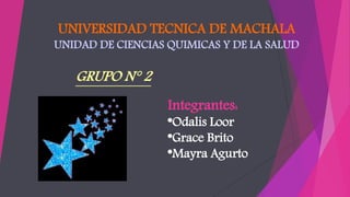 UNIVERSIDAD TECNICA DE MACHALA
UNIDAD DE CIENCIAS QUIMICAS Y DE LA SALUD
GRUPO N° 2
Integrantes:
*Odalis Loor
*Grace Brito
*Mayra Agurto
 