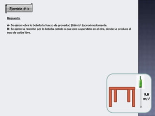 Ejercicio # 3
Respuesta:
A- Se ejerce sobre la botella la fuerza de gravedad (9,8m/s² )aproximadamente.
B- Se ejerce la reacción por la botella debido a que esta suspendida en el aire, donde se produce el
caso de caída libre.
9,8
m/s²
 