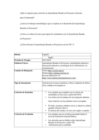 ¿Qué se requiere para construir un Aprendizaje Basado en Proyectos eficiente
para el alumnado?
¿Cuál es el enfoque metodológico que se emplea en el desarrollo del Aprendizaje
Basado en Proyectos?
¿Cómo se evalúa el avance que logran los estudiantes con el Aprendizaje Basado
en Proyectos?
¿Cómo fusionar el Aprendizaje Basado en Proyectos con las TIC´s?
Idioma Español
Inglés
Periodo de Tiempo 2016-2022
Palabras Claves Aprendizaje Basado en Proyectos, metodología educativa,
innovación educativa, tecnologías de la información y la
comunicación.
Canales de Búsqueda Scielo https://scielo.org/es/
Dialnet https://dialnet.unirioja.es/
Revista Educación 3.0
https://www.educaciontrespuntocero.com/
Tipo de documento Artículos de revistas científicas, Libros, Capítulos de libros,
Tesis, trabajos investigativos.
Criterios de Inclusión • Los estudios que cumplan con el criterio de
actualidad, en este caso, a partir del 2016.
• Los títulos de los trabajos de investigación deberán
tener relación con las palabras claves escogidas.
• El título, resumen, palabras claves y objetivos, deben
guardar relación entre sí.
• El idioma del estudio, en este caso inglés o español.
Criterios de Exclusión • Los estudios que no se hayan ejecutado desde el
nivel de Educación General Básica.
• Los artículos que no hablen sobre Aprendizaje
Basado en Proyectos o sobre TIC.
• Información poco confiable.
 