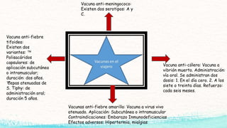 Vacuna anti-meningococo:
Existen dos serotipos: A y
C.
Vacuna anti-cólera: Vacuna a
vibrión muerto. Administración:
vía oral. Se administran dos
dosis: 1. En el día cero. 2. A los
siete o treinta días. Refuerzo:
cada seis meses.
Vacunas anti-fiebre amarilla: Vacuna a virus vivo
atenuado. Aplicación: Subcutánea o intramuscular
Contraindicaciones: Embarazo Inmunodeficiencias
Efectos adversos: Hipertermia, mialgias
Vacuna anti-fiebre
tifoidea:
Existen dos
variantes: ™
Polisacáridos
capsulares: de
aplicación subcutánea
o intramuscular;
duración: dos años.
™Cepas atenuadas de
S. Tiphy: de
administración oral;
duración 5 años.
 