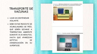 TRANSPORTE DE
VACUNAS
 USAR UN CONTENEDOR
AISLANTE.
 DEBE ESTAR PROVISTO DE
ACUMULADORES DE FRÍO,
QUE DEBEN DEJARSE A
TEMPERATURA AMBIENTE
DURANTE 15-20 MINUTOS,
HASTA QUE APAREZCAN
GOTITAS DE
CONDENSACIÓN EN SU
SUPERFICIE.
 