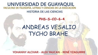 UNIVERSIDAD DE GUAYAQUIL
FACULTAD DE FILOSOFÍA, LETRAS Y CIENCIAS DE LA EDUCACIÓN
HISTORIA DE LAS CIENCIAS
PHS-S-CO-6-4
ANDREAS VESALIO
TYCHO BRAHE
YOHANNY ALCIVAR - ALEX YAUCAN - RENÉ YZAGUIRRE
 