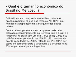 - Qual é o tamanho econômico do Brasil no Mercosul ? O Brasil, no Mercosul, seria o mais bem colocado economicamente, já que nós temos o PIB (PPC) em milhões e a população mais alta que o dos outros países. Com a tabela, podemos mostrar que os mais bem colocados economicamente no Mercosul são o Brasil e a Argentina. O Brasil tem um PIB (PPC) de R$ 2.013.893 milhões e uma população de 189.011.861 pessoas de acordo com dados de 2007. Falando de  PIB (PPC) per capita só perdemos para a Argentina e o Uruguai, e no IDH só perdemos para a Argentina. 