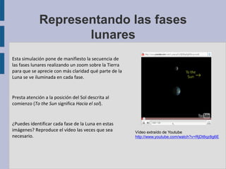 Representando las fases
lunares
Esta simulación pone de manifiesto la secuencia de
las fases lunares realizando un zoom sobre la Tierra
para que se aprecie con más claridad qué parte de la
Luna se ve iluminada en cada fase.
Presta atención a la posición del Sol descrita al
comienzo (To the Sun significa Hacia el sol).
¿Puedes identificar cada fase de la Luna en estas
imágenes? Reproduce el vídeo las veces que sea
necesario.
Vídeo extraído de Youtube
http://www.youtube.com/watch?v=RjDt8qz8g6E
 