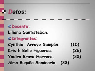 Datos:

  Docente:
Liliana Santisteban.
  Integrantes:
Cynthia Arroyo Sampén.      (15)
Kristh Bello Figueroa.       (26)
Yadira Bravo Herrera.        (32)
Alma Buguña Seminario. (33)
 