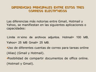 DIFERENCIAS PRINCIPALES ENTRE ESTOS TRES
                CORREOS ELECTRÓNICOS


Las diferencias más notorias entre Gmail, Hotmail y
Yahoo, se manifiestan en las siguientes aplicaciones o
capacidades:


Límite máximo de archivos adjuntos. Hotmail= 100 MB,
•



Yahoo= 25 MB Gmail= 25 MB.
    Uso de diferentes cuentas de correo para tareas online
(Alias) (Gmail y Hotmail).
    Posibilidad de compartir documentos de office online.
(Hotmail y Gmail).
 
